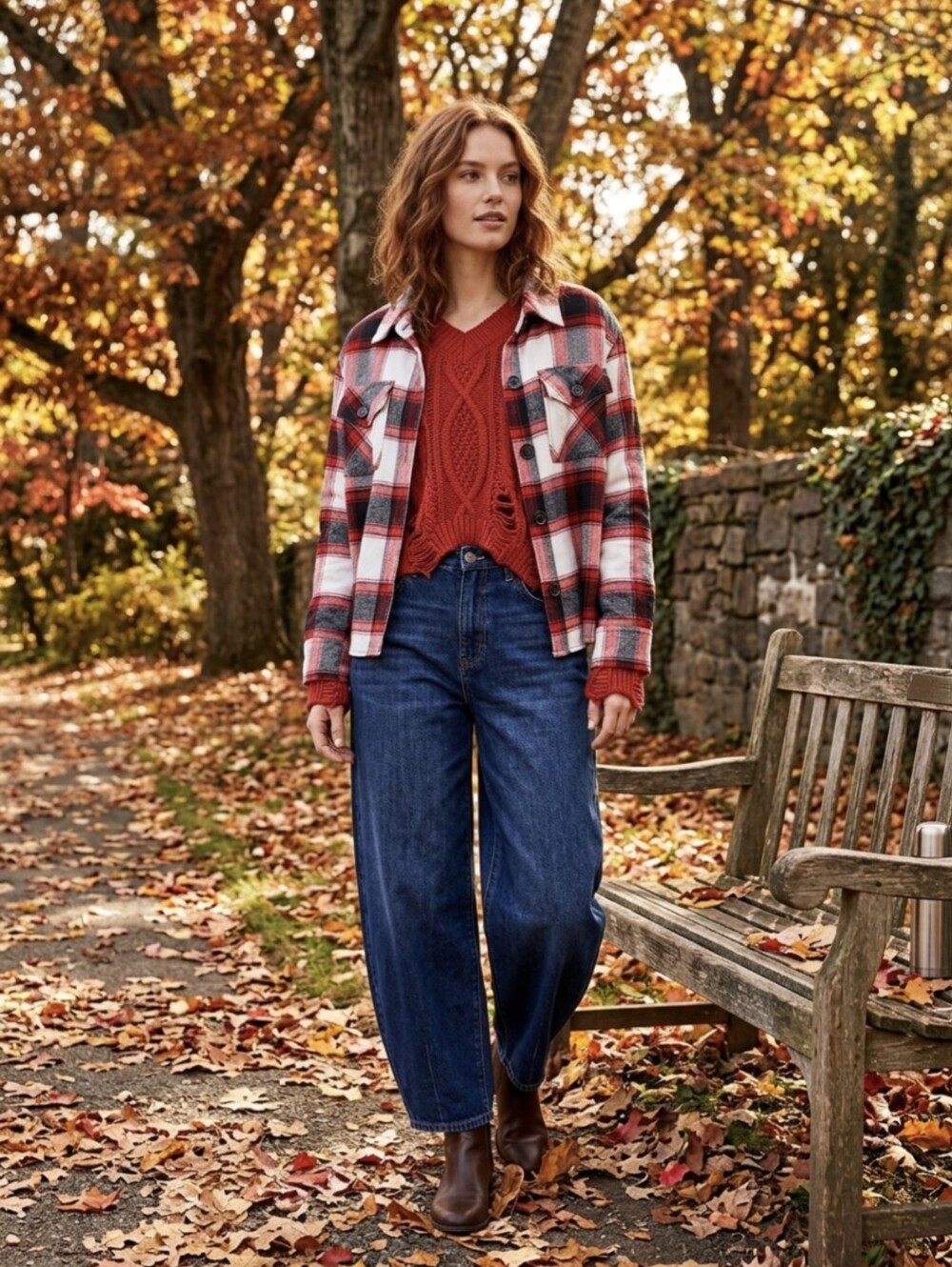 Pumpkin Spice Women's Flannel Shacket & Sweater Set Autumn Cozy Plaid Orange XL